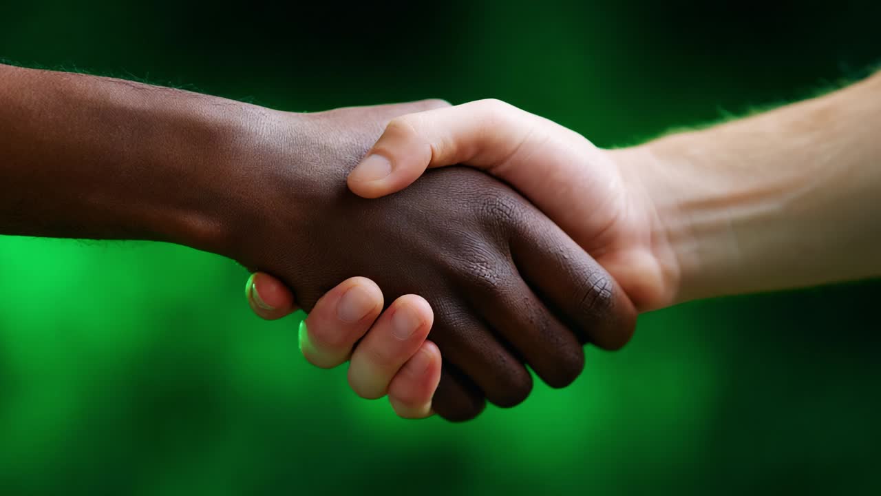 A powerful moment of connection captured in this gripping video showcases the unity and strength of a handshake between two individuals from different backgrounds, symbolizing friendship and collaboration