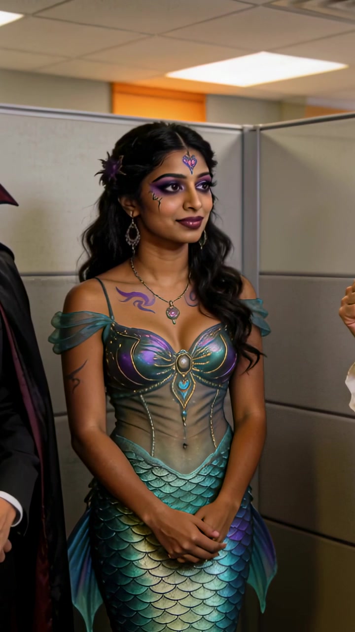 Video verticale: Donna in piedi con costume da sirena presentata in ufficio, mostra gioielli