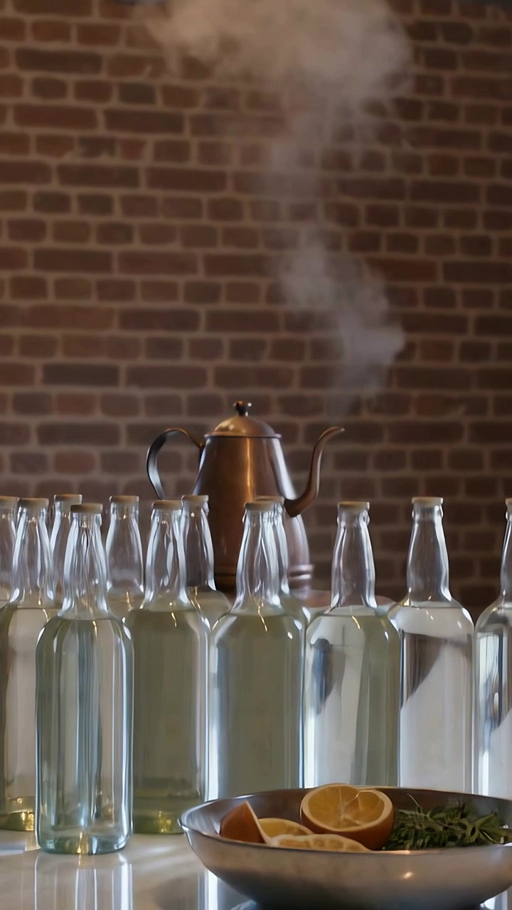 Vertical video: Heating copper kettle emitting steam on cafe bar for hot drinks, lemons and bottles