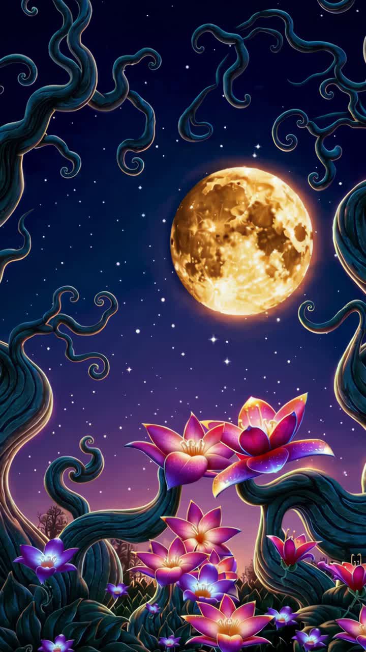 Surreal video scene with a low-angle view of a glowing full moon, vibrant lotus flowers, and twisted
