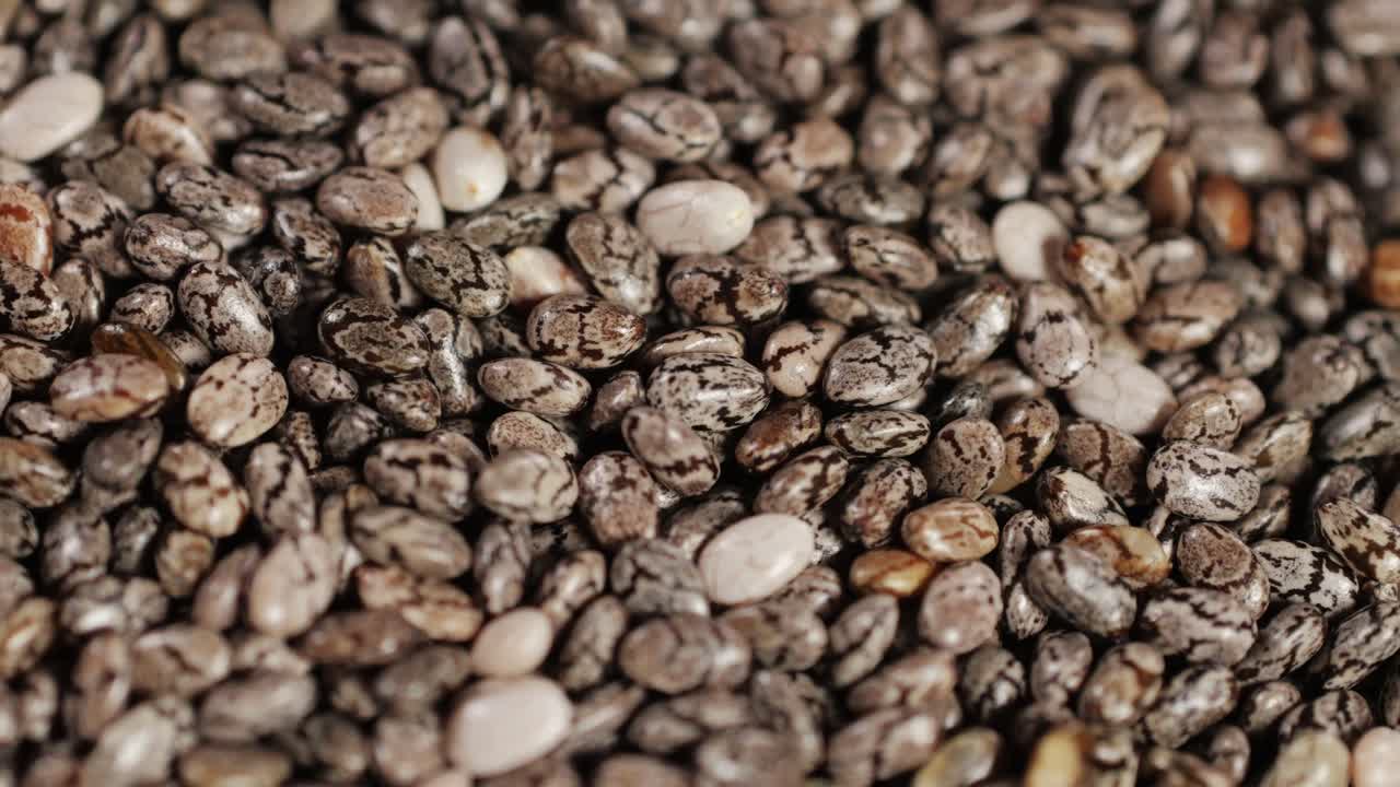 Chia seeds close-up macro. Dry healthy ingredient. Healthy superfood rich in Omega 3 fatty acids. Salvia hispanica. High quality 4k footage