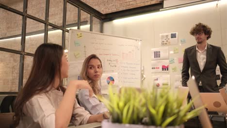 two asian female staff discussing with a male caucasian boss.