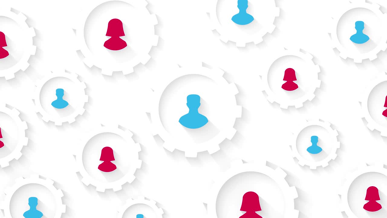 concepto de red social con silueta de hombre y mujer en animación de bucle de engranajes