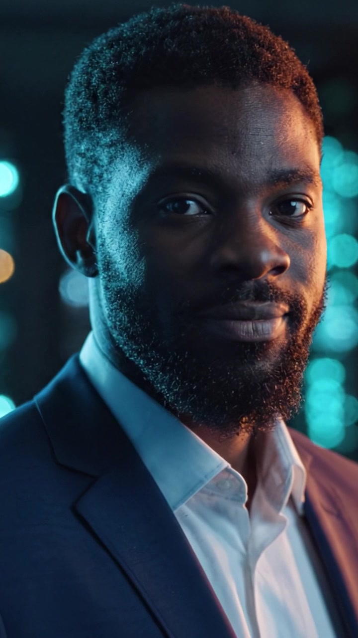 A contemplative man in formal attire gazes into the distance, capturing a moment of introspection and confidence under soft, colorful lighting in a modern setting.