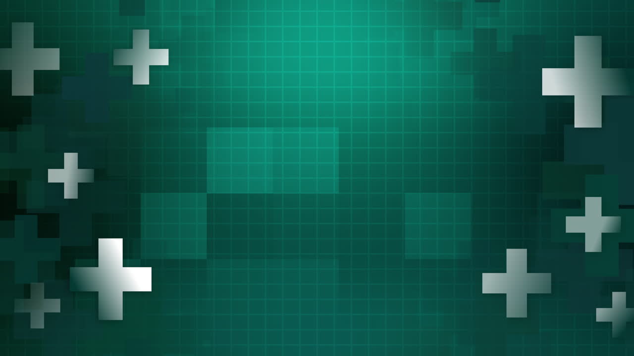 Animated frame of medical crosses on green abstract background with grid and heart cardiogram. Looped movement of healthcare graphics.