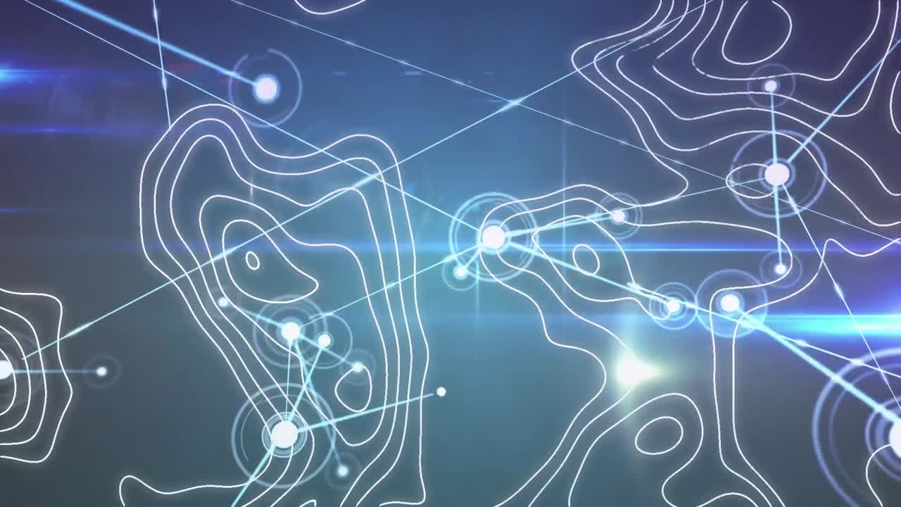 Animation of network of connections and topography over light trails against blue background