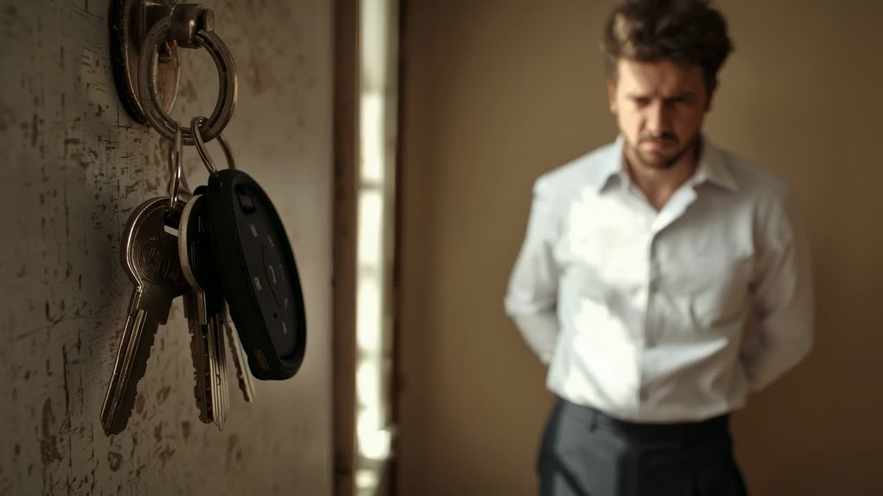 Primo piano su portachiavi, telecomando, uomo con camicia abbottonata nell'ingresso che aspetta di uscire, spazio per il testo