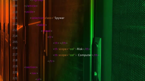 código html con animación de clase spywar sobre el fondo colorido de la sala del servidor