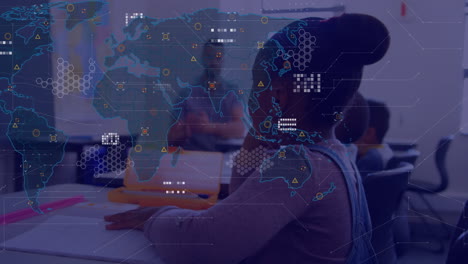 world map with data points animation over students studying in classroom
