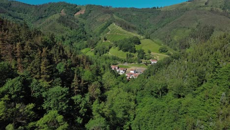 Exuberante-Paisaje-Verde-Del-País-Vasco-Con-Densos-Bosques-Y-Un-Pequeño-Pueblo,-Vista-Aérea