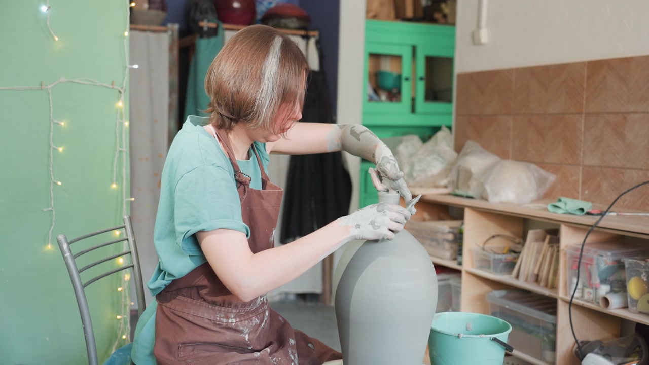 Ceramista caucasico che rifinisce un vaso alto con attenta rifinitura e levigatura, primo piano delle mani che modellano il collo, sfondo dello studio color menta e scaffali organizzati, sessione creativa meditativa, luce naturale soffusa
