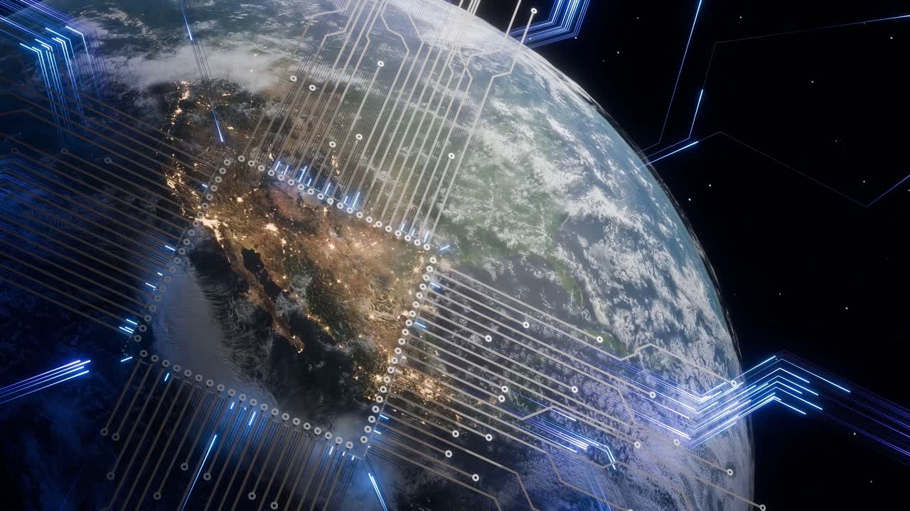 Planet Earth with visible North and Central America at night, surrounded by glowing blue digital circuit lines and a cybersecurity processor overlay. 3D render symbolizing data protection