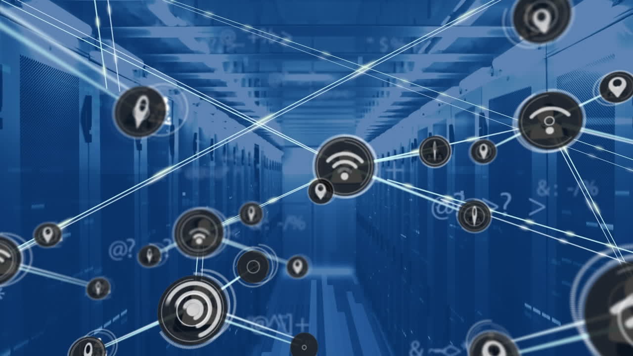 Animation of network of connections with icons and data processing over server room