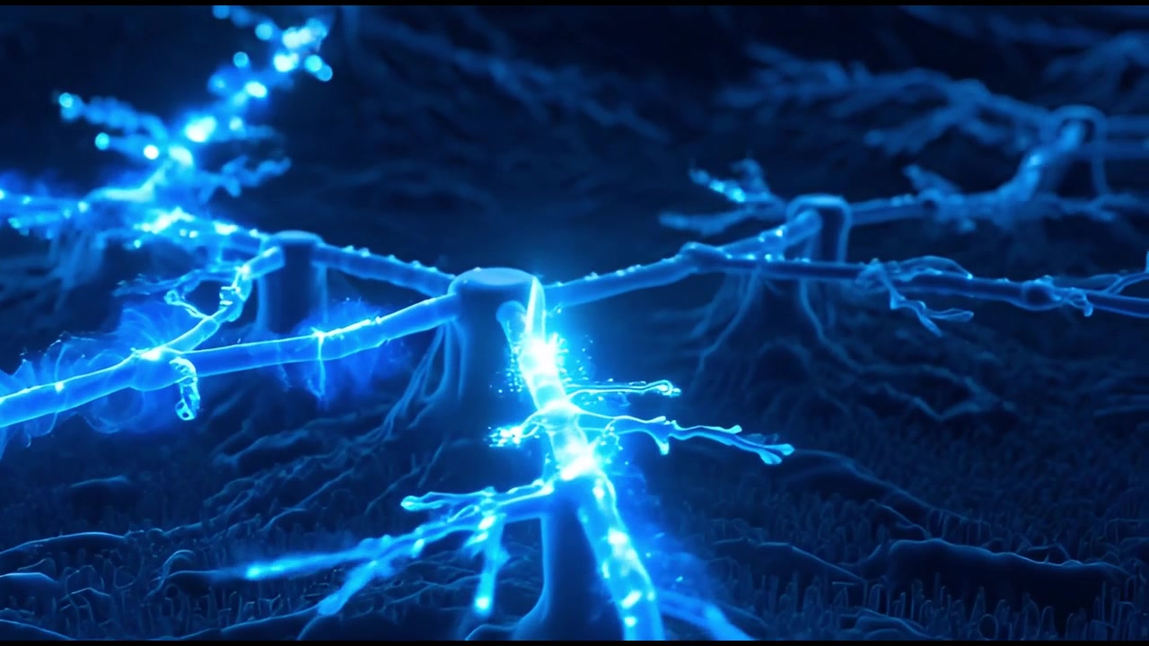 Electrical Signals Flowing Through a Blue Neural Network