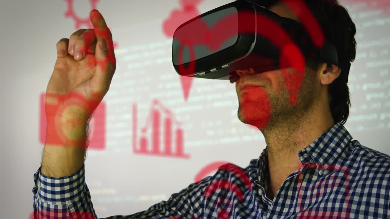 animación de iconos digitales y procesamiento de datos sobre hombre caucásico que usa auriculares vr en la oficina