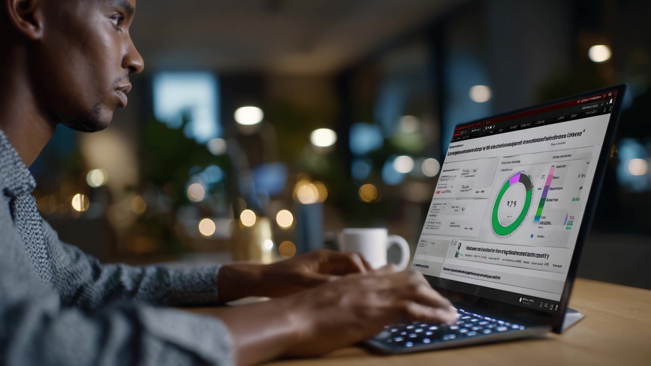 Focused Analysis: A Professional Engages with Data Visualization on Modern Laptop in a Cozy, Well-Lit Office Environment