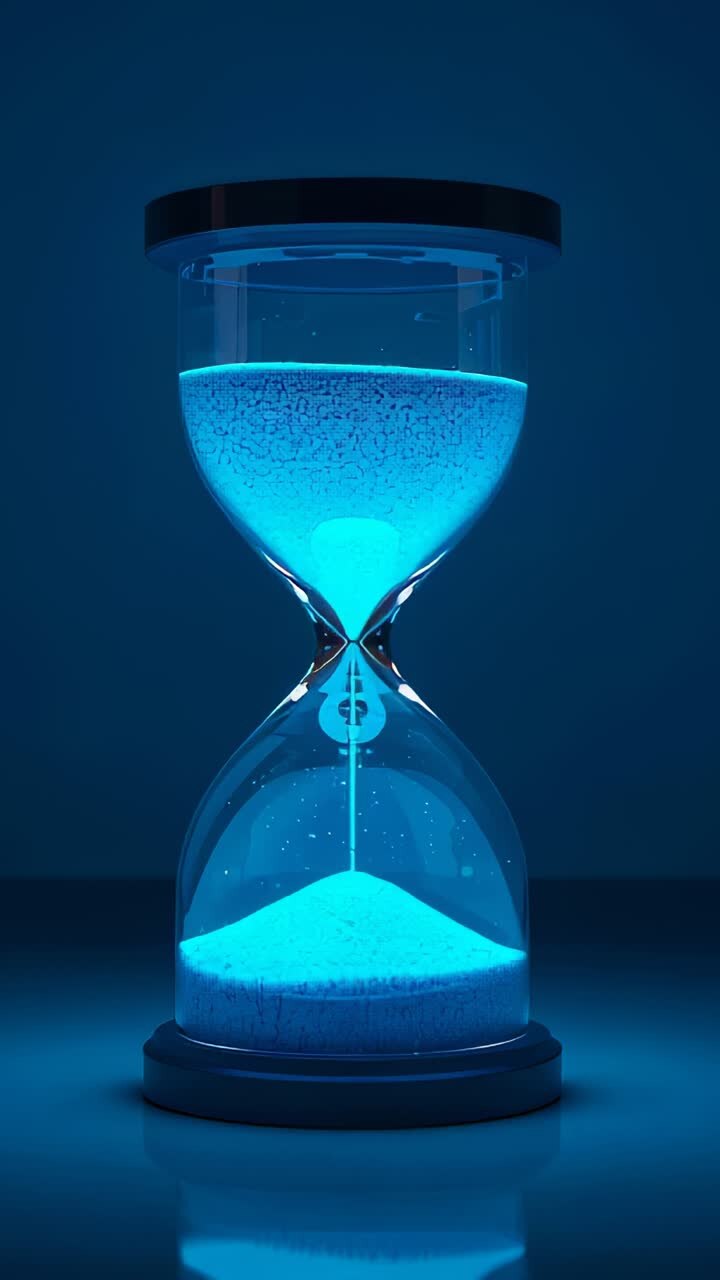 Vertical video: Pulling by gravity, clear hourglass pouring cyan sand via neck on glossy table