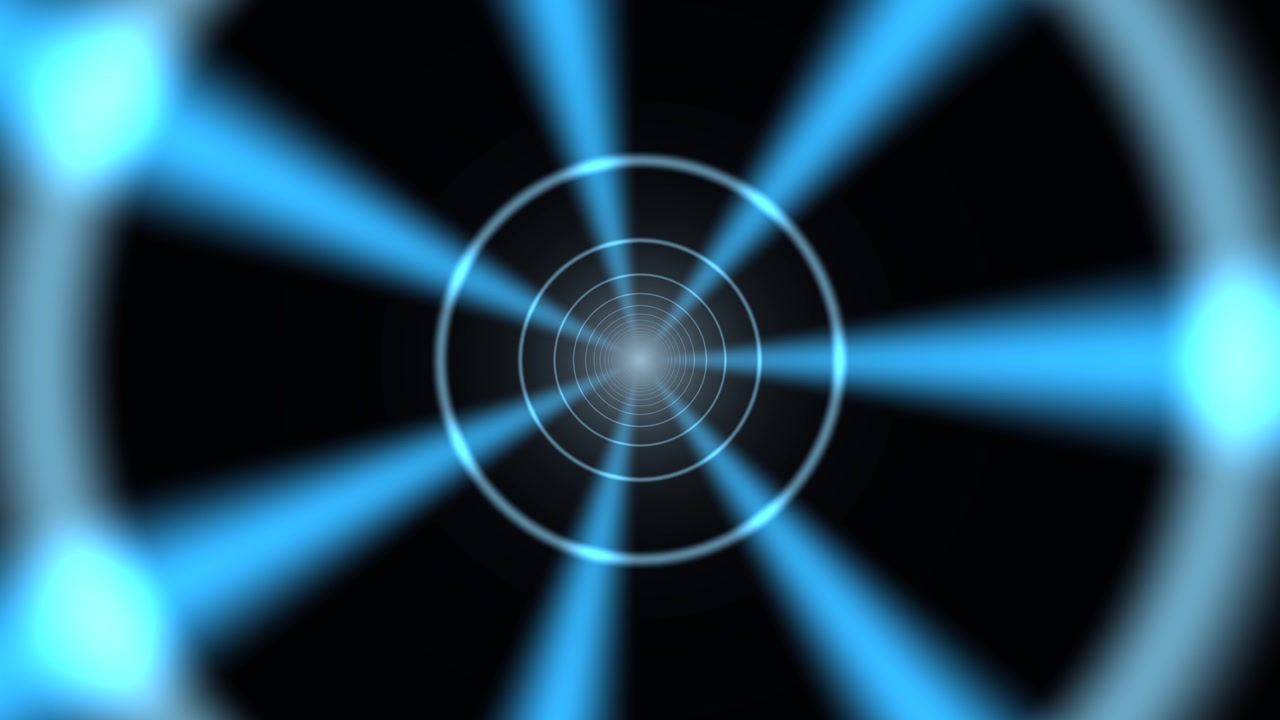 Fond de portail spatial bleu électrique. Il présente des rayons bleu électrique vifs s'étendant d'un point central dans un espace sombre. Le design transmet le mouvement et la profondeur, idéal pour les projets vidéo.