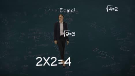 Mathematical-equations-floating-against-portrait-of-businesswoman-smiling-against-green-background