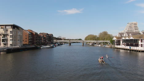 people kayaking near kingston upon thames river, aerial low altitude view