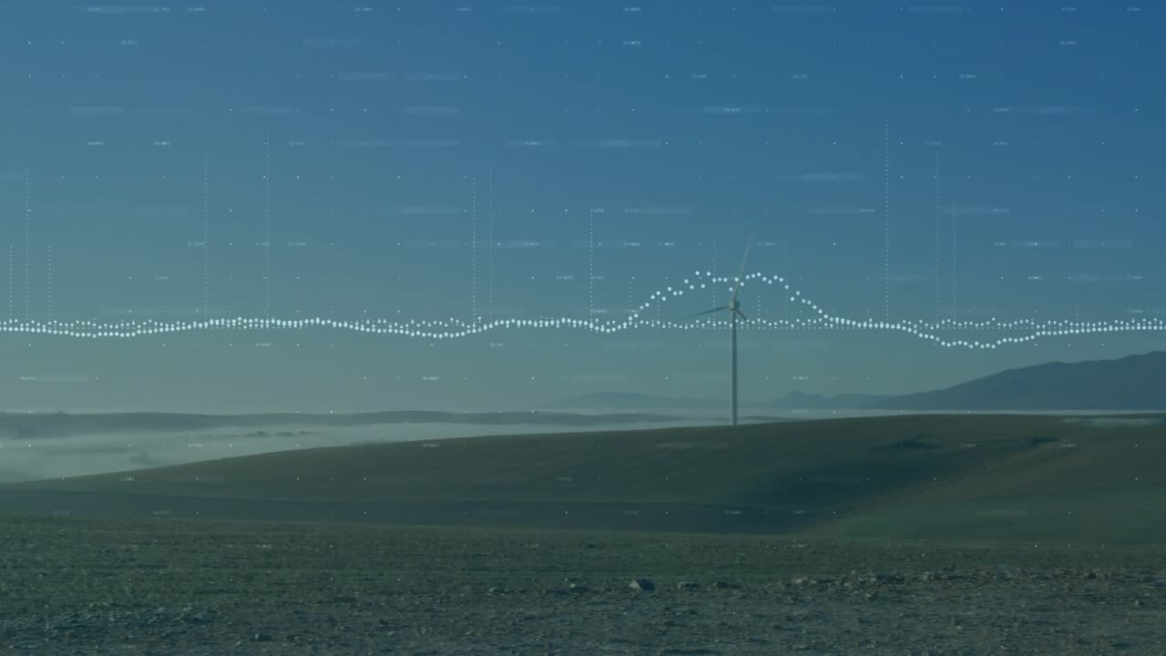 Sensor-triggered waveform rising and shifting across plain, turbines moving and visualizing output