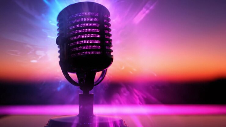 Un microfono vibrante si staglia su uno sfondo di tramonto colorato, catturando l'essenza della creatività e dell'espressione in un ambiente audio dinamico