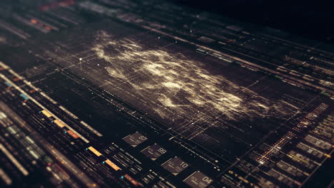 Futuristic abstract de-focus data matrix, meta, metaverse, telemetry and encrypt numbers display with particles simulation in cyber space environment for head up display background