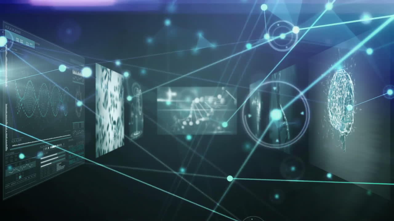 Visualizing DNA strand and digital network connections in futuristic animation setting