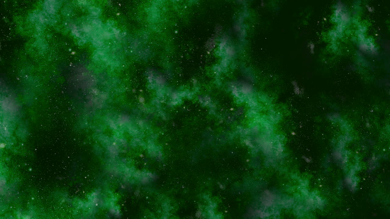 A striking dark green nebula in space composed of gas and dust particles, illuminated by distant stars, casting a mesmerizing glow in the cosmos