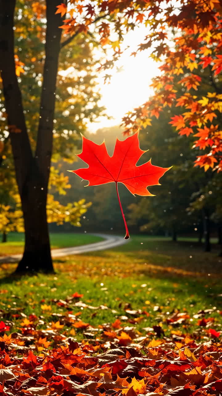 Red Maple Leaf Falling in Autumn Park with Sunlight
