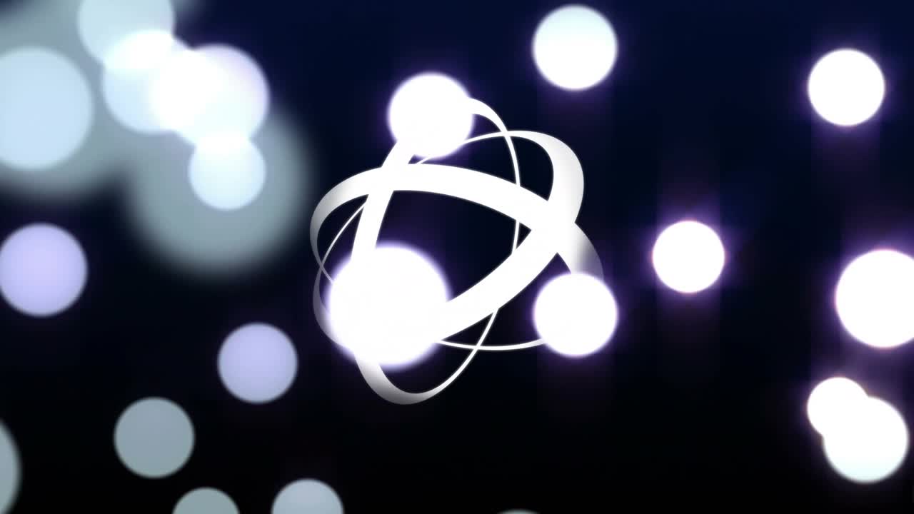 Dark navy backdrop initiating metallic rings rotating while glowing orbs drifting creating depth