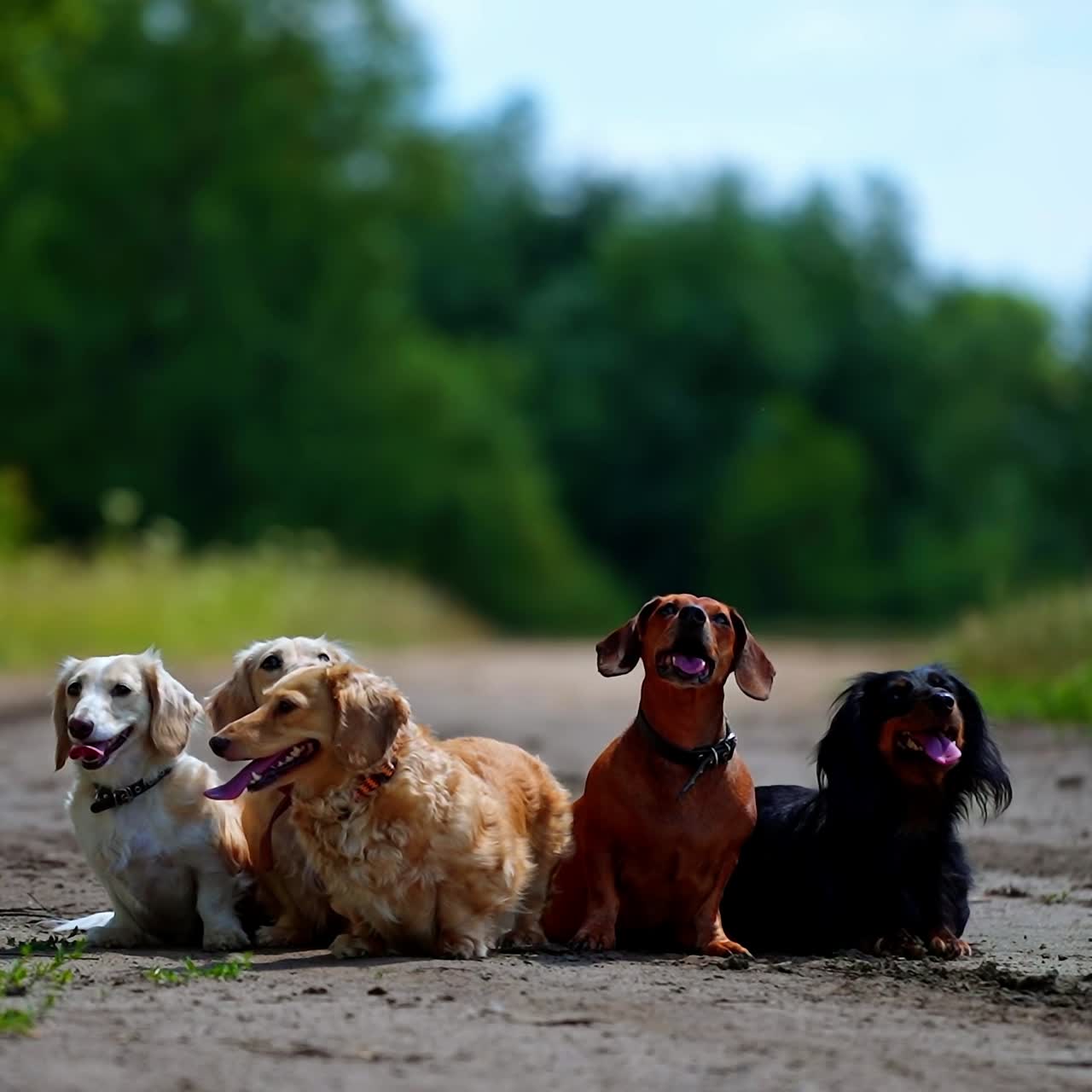 Different dog breeds. Looking straightforward. Different breeds of dogs are sitting in line on nature background. Green garden or forest background. Video of sitting dogs of small breeds.