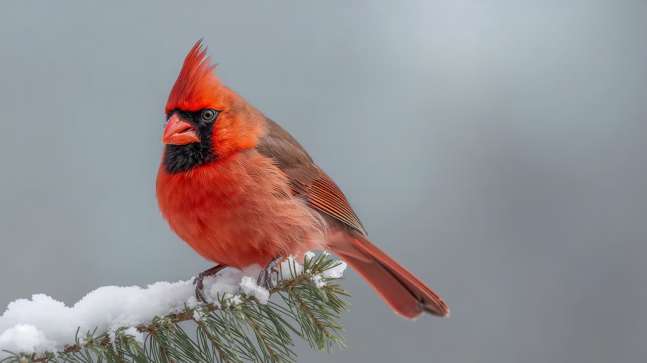 Camera recording Northern Cardinal rotating, preening perched on snow-covered branch, orange beak