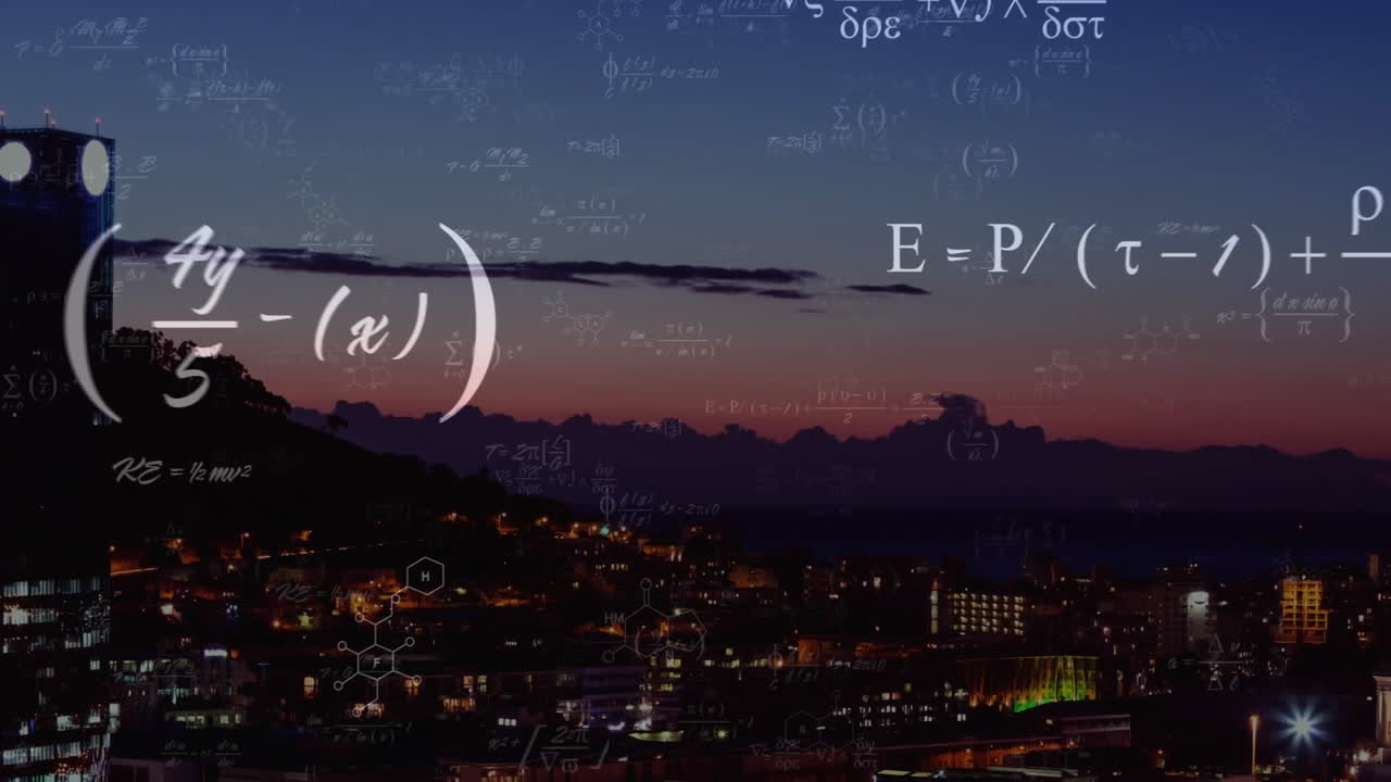 Mathematical equations and scientific symbols animation over cityscape at dusk