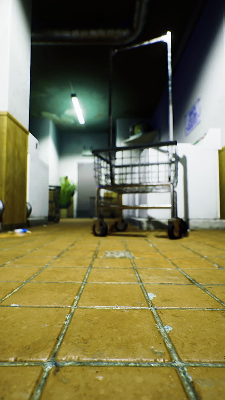 Abandoned laundry room with a shopping cart in a dimly lit environment