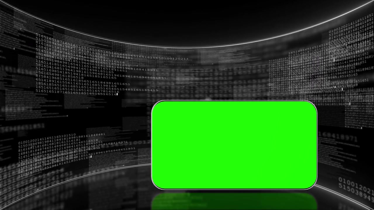 Chroma key technology studio visual with green insert screen curved binary displays and dark