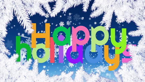 animation of branches around falling snowflakes and happy holidays text over blue background