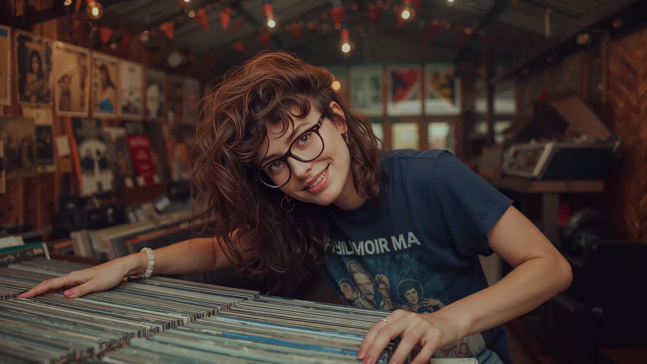 Donna appoggiata che indossa occhiali e maglietta di un gruppo musicale che cerca vinili in una cassa mentre fa acquisti in un negozio di dischi