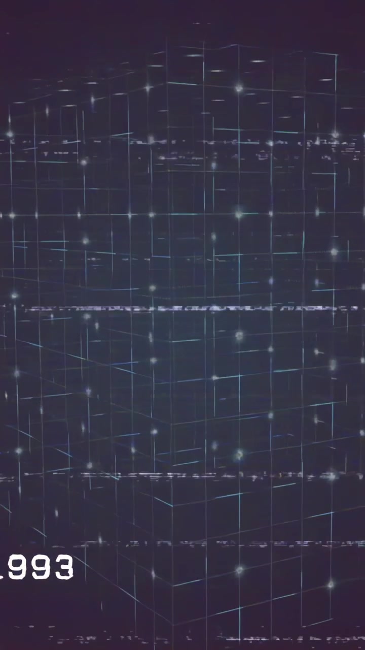 Vertical video: Teal lines starting neon grid, dots drifting and scanline rippling, 1993 for VHS