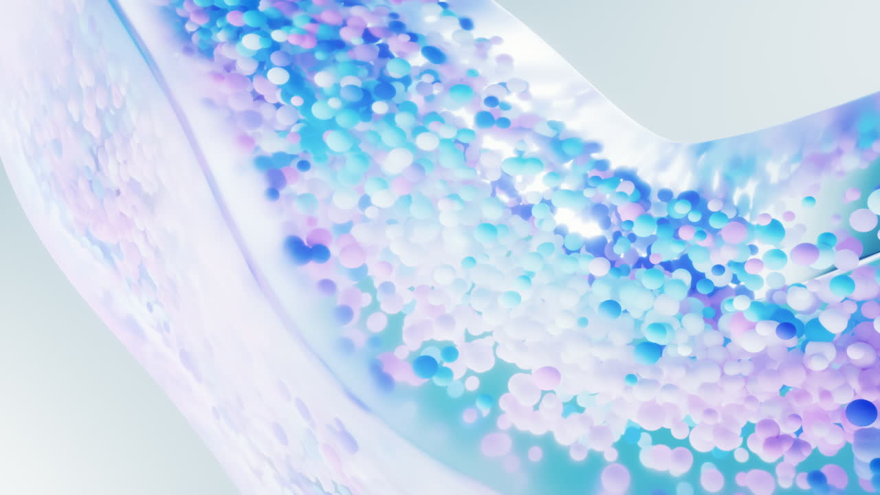 Flowing purple particles in glass geometry, 3d rendering.