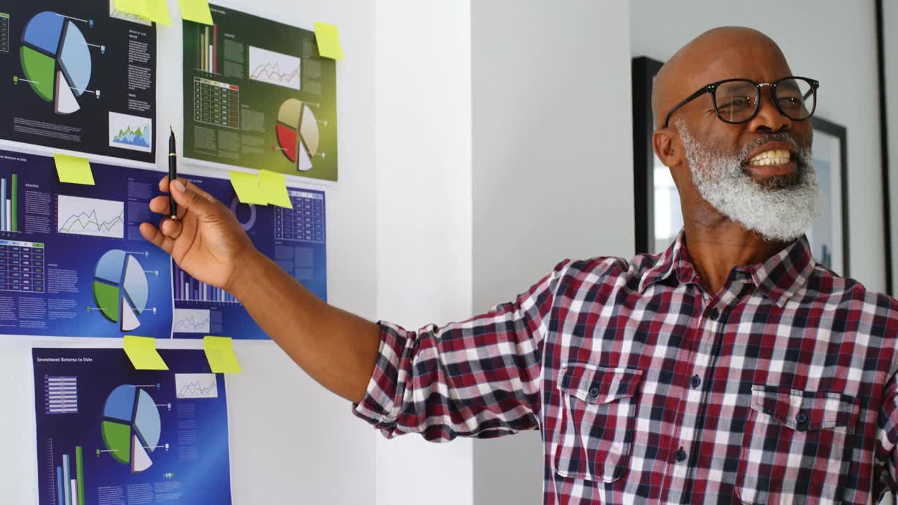 Senior male executive explaining about sticky notes 4k