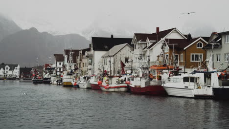 fishing boats docked next to houses in a fishing village