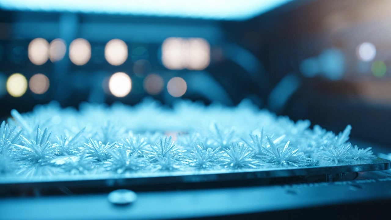 Un Primo Piano di Intricati Motivi Satinati su una Superficie Metallica in un Ambiente con Illuminazione Blu Fredda, che Cattura Texture ed Elementi di Design Unici