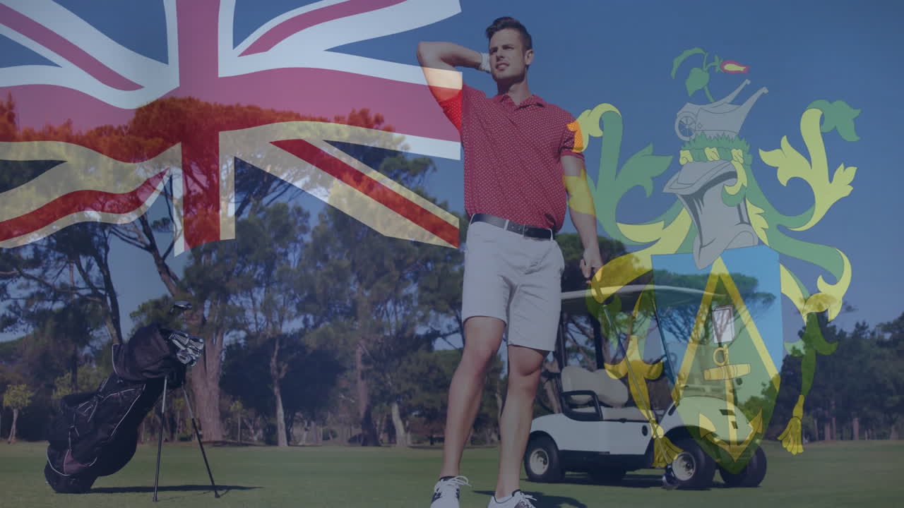 man gazing into distance on golf fairway with golf cart, showing animated British flag and crest