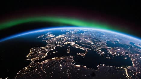 earth at night with city lights and aurora over europe