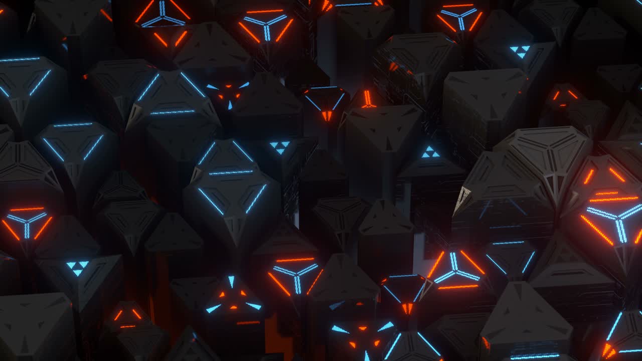 Sci-fi composition of triangular shapes seamless loop 3D render animation