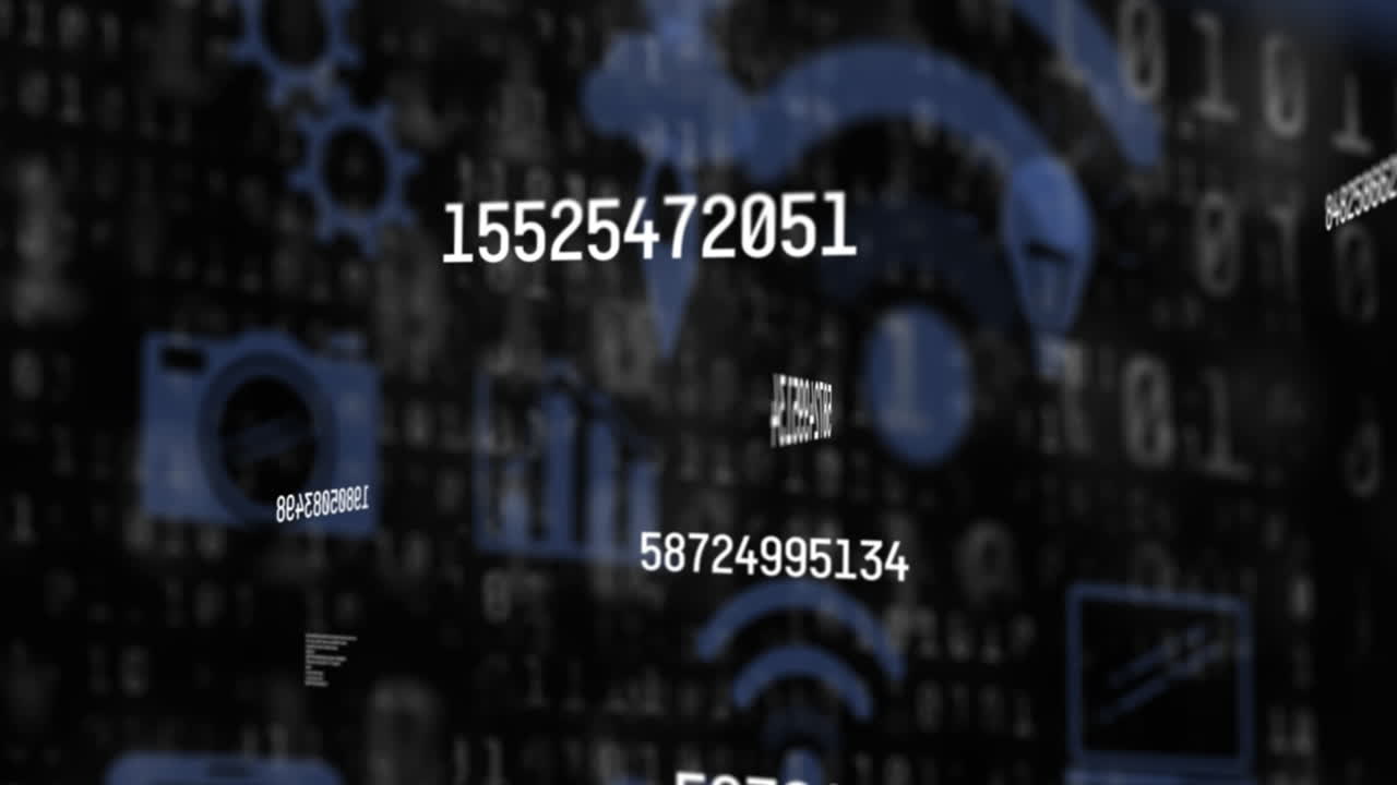 검은색 배경에 디지털 아이콘을 통해 과학 데이터 처리의 애니메이션