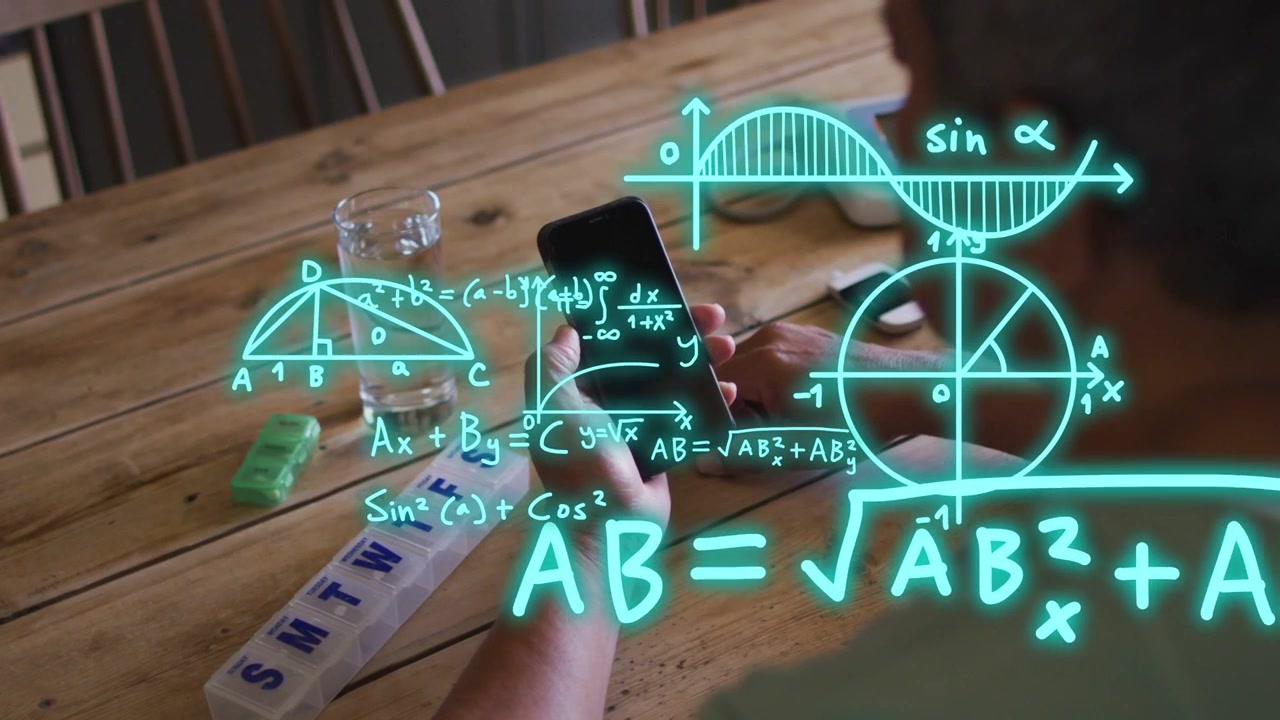 Senior man picking up phone at table, neon AR math diagrams expanding across screen for education