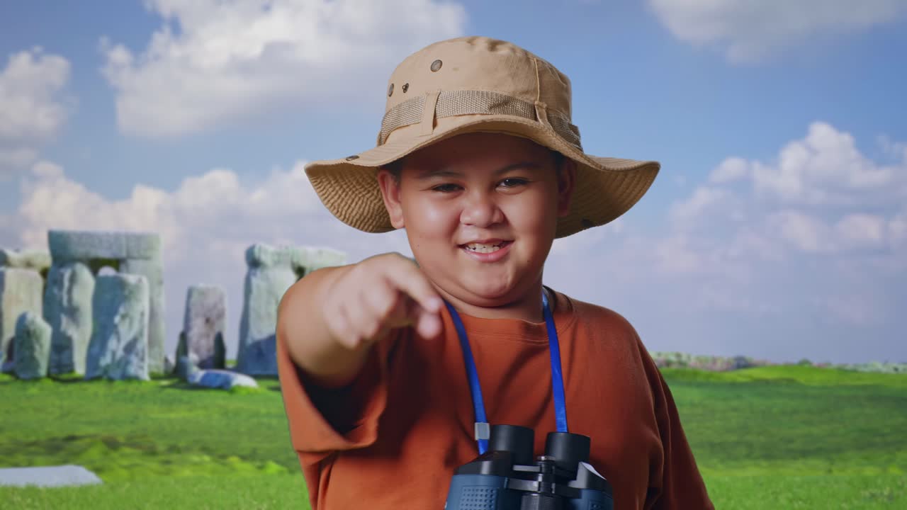 Asian Boy With Hat And Binoculars Holding Magnifying Glass, Touching His Chest Then Pointing At You While Traveling In Stonehenge. Boy Researcher Examines Something, Travel Tourism, Close Up