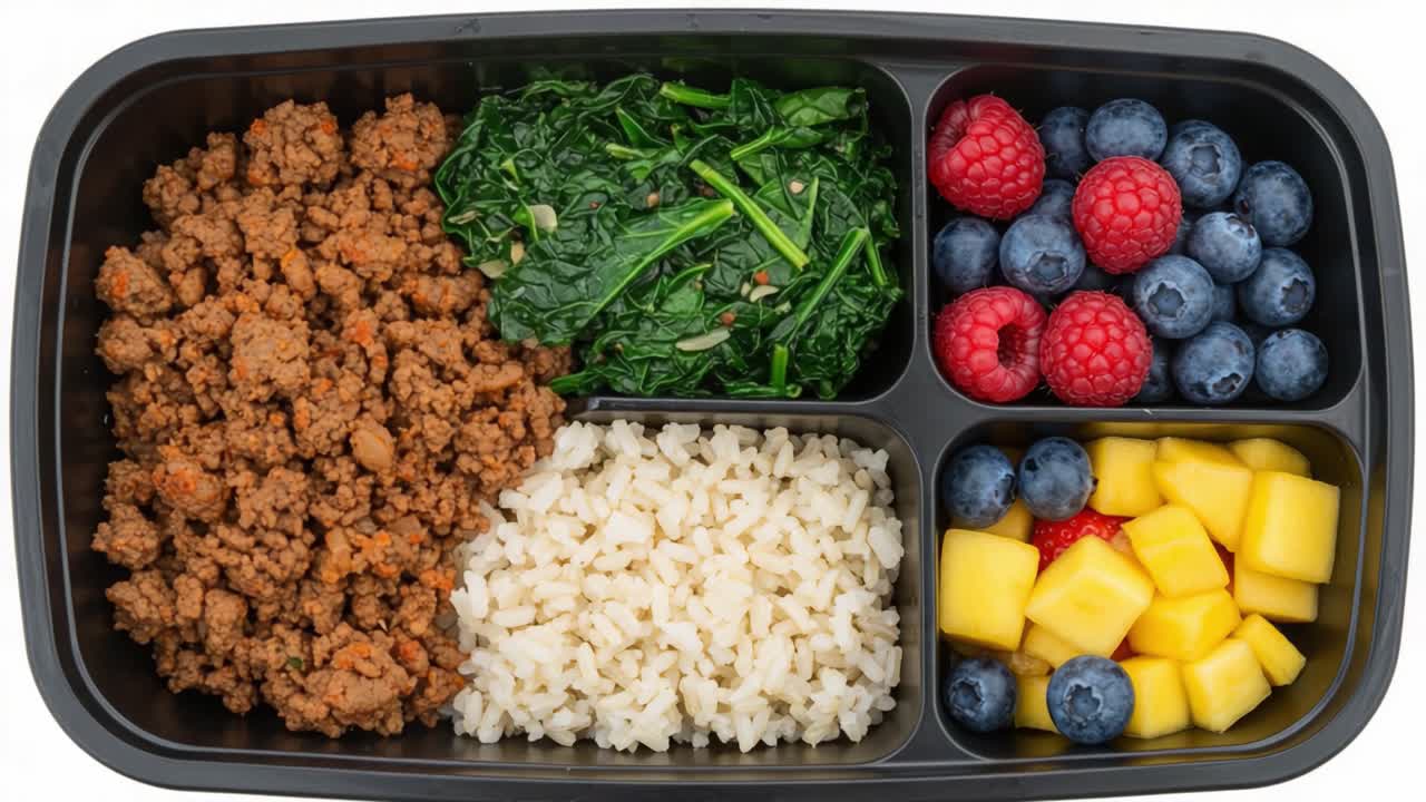 Healthy Meal Prep Featuring Ground Meat, Rice, Fresh Spinach, and a Variety of Berries with Mango Chunks in a Balanced Lunchbox Arrangement